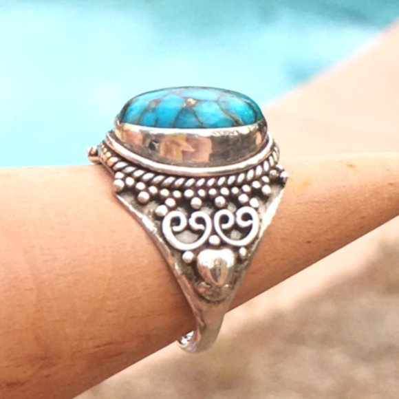Blue Copper Turquoise .925 Ring Ornate Silver - Picture 13 of 16